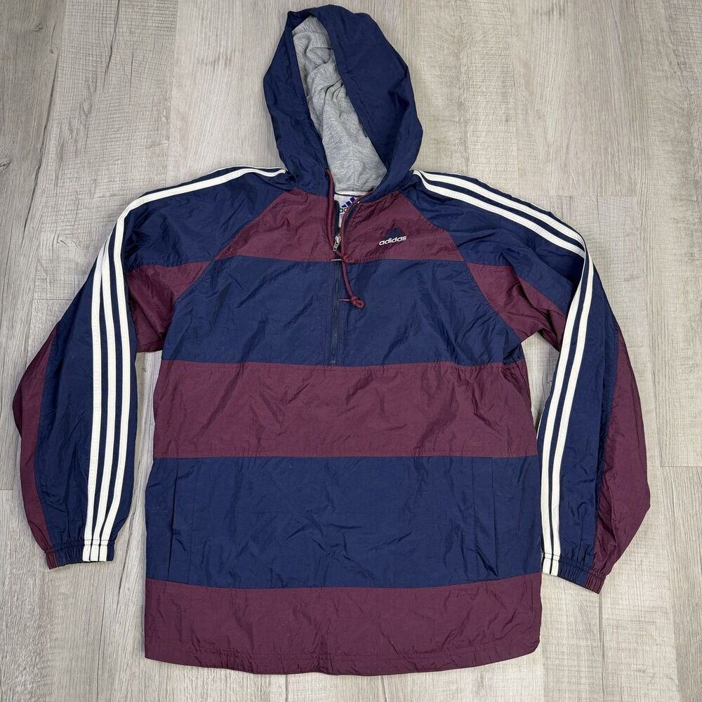 Vintage Adidas Pullover Windbreaker Jacket Purple Striped Mens Medium Lined Q